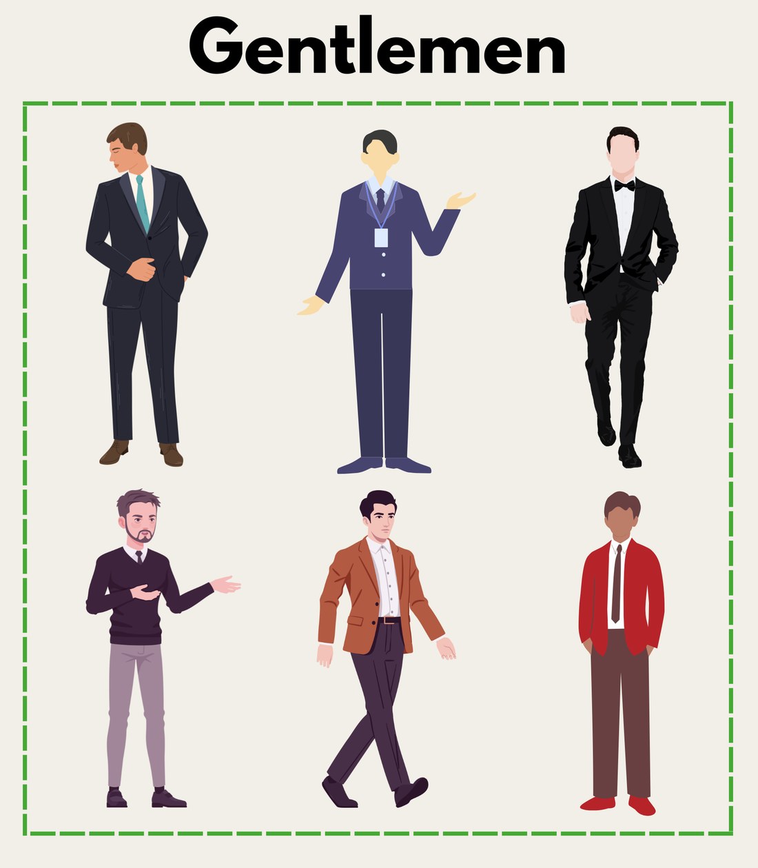 Examples of appropriate attire for gentlemen: six outfits with suits, blazers, dress shirts and ties.